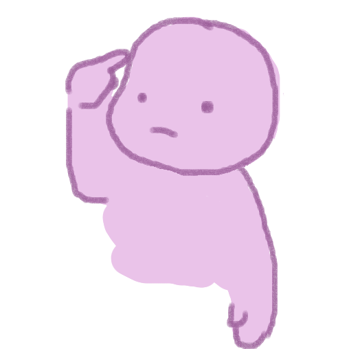 A bald purple person signing the ASL sign for 'think'. Their hand is a fist except their index finger, which is touching the side of their forehead. Their other arm is by their side.